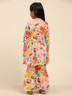 Alakhi Studio Girls Floral Georgette Printed V-Neck Kurta With Sharara - Mustard