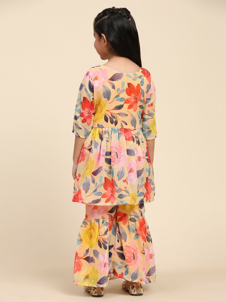 Alakhi Studio Girls Floral Georgette Printed V-Neck Kurta With Sharara - Mustard