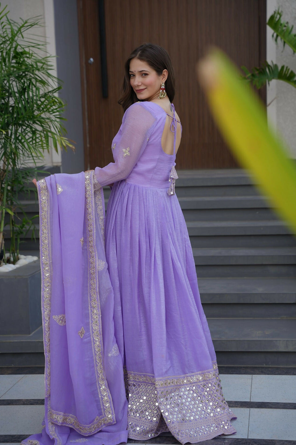 Teeya Creation Lavender Color Crunchy Silk Wedding Wear Embroidery Work Long Gown - Distacart