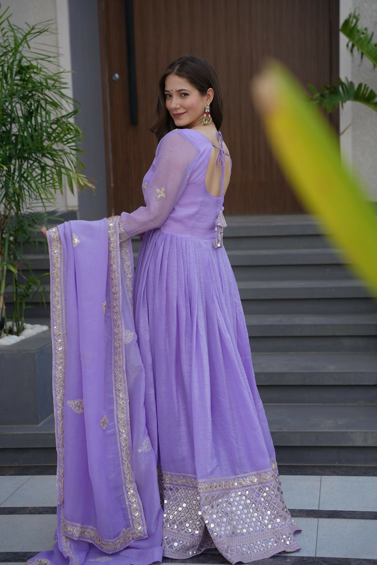 Teeya Creation Lavender Color Crunchy Silk Wedding Wear Embroidery Work Long Gown - Distacart