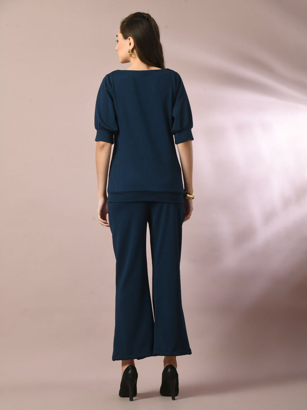 Myshka Women's Blue Solid Boat Neck Party Top