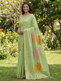 Shree Shyam Fashion Green Linen Cotton Saree - Distacart