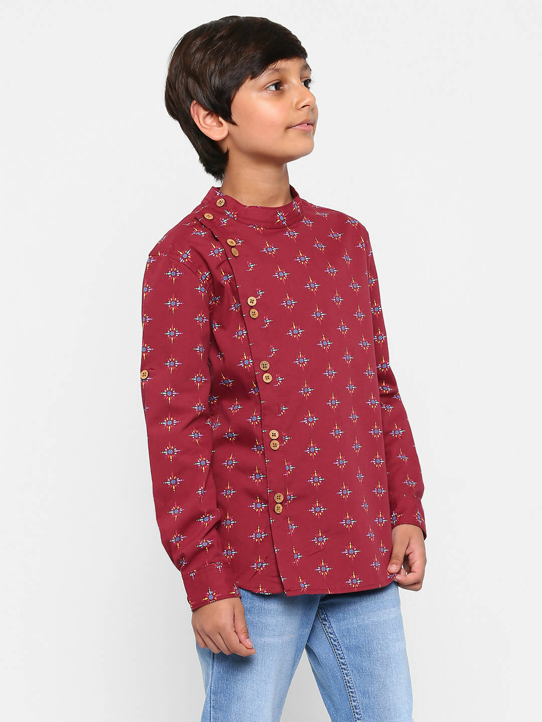 Manet Ethnic Full Sleeves Printed Shirt - Maroon