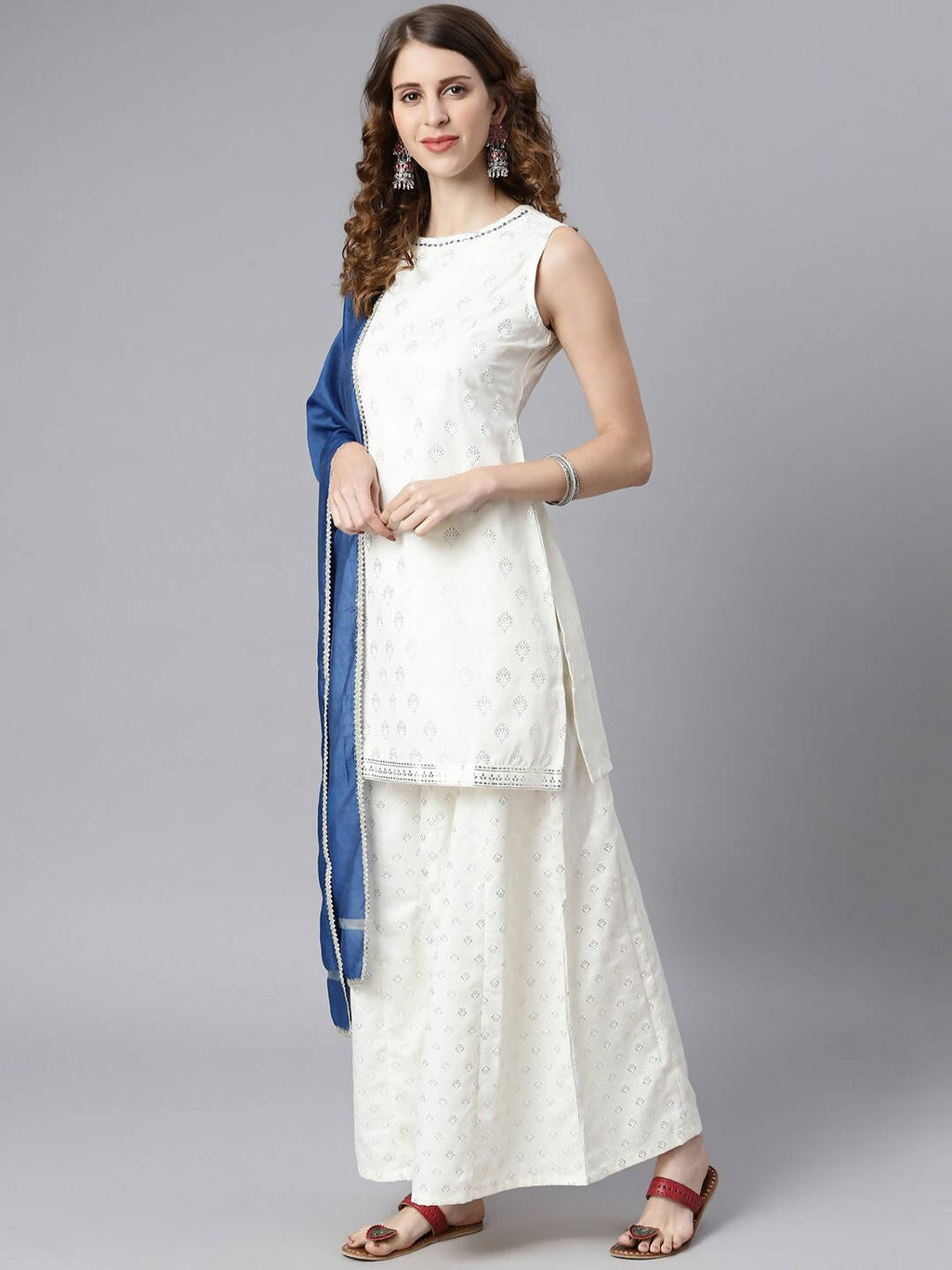 Janasya Off White & Silver Printed Kurta with Palazzos & Dupatta - Distacart