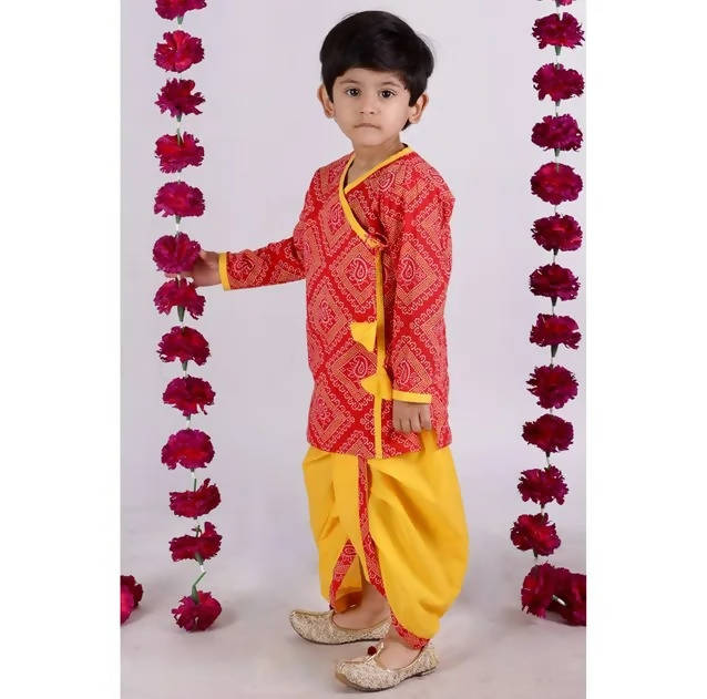 Little Bansi Boys Red and yellow Color Jaipuri Ambi Angrakha Kurta with Dhoti