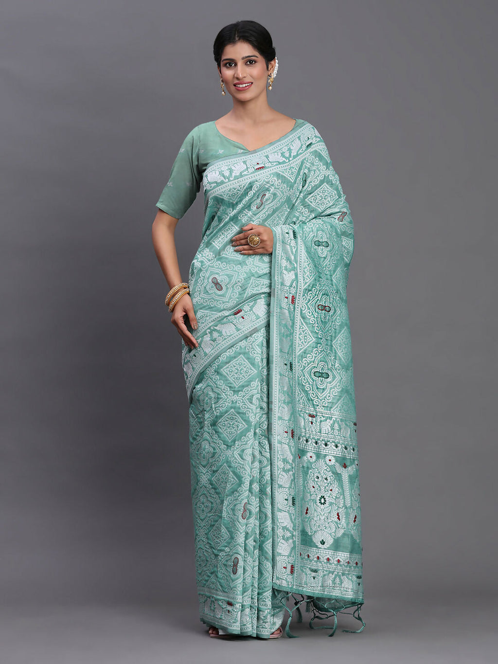 Shree Shyam Fashion Linen Cotton Sea Green Saree - Distacart