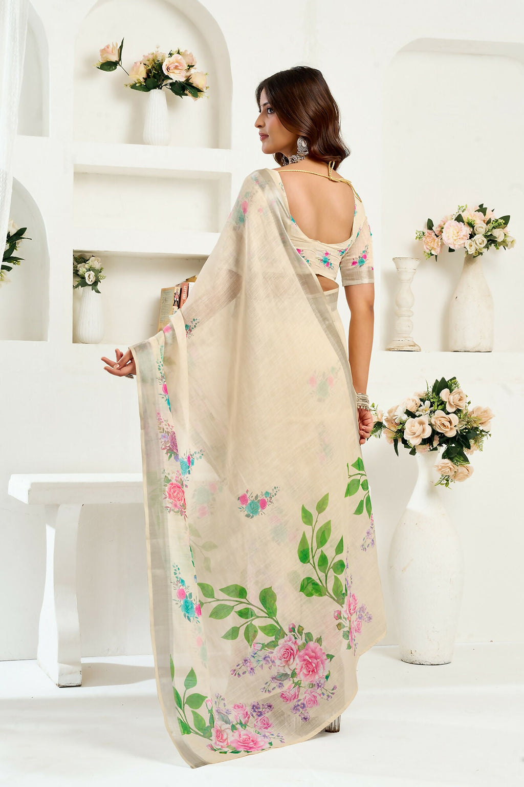 Vastranavya Cream Digital Printed Linen Ready To Wear Designer Saree with Unstitched Blouse - Distacart
