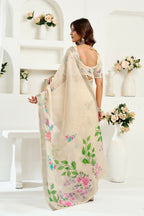 Vastranavya Cream Digital Printed Linen Ready To Wear Designer Saree with Unstitched Blouse - Distacart