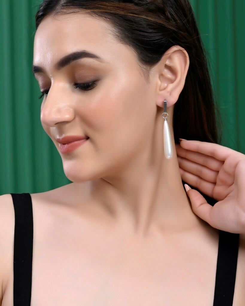 VOJ Set Of 2 Korean Drop Earrings - Gold Plated and Silver Plated With White Pearl - Distacart