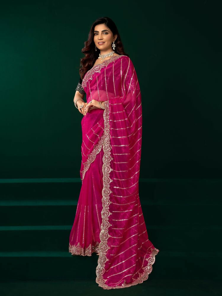 Joban Fashion Rani Pink Net Party Wear Sarees - Distacart