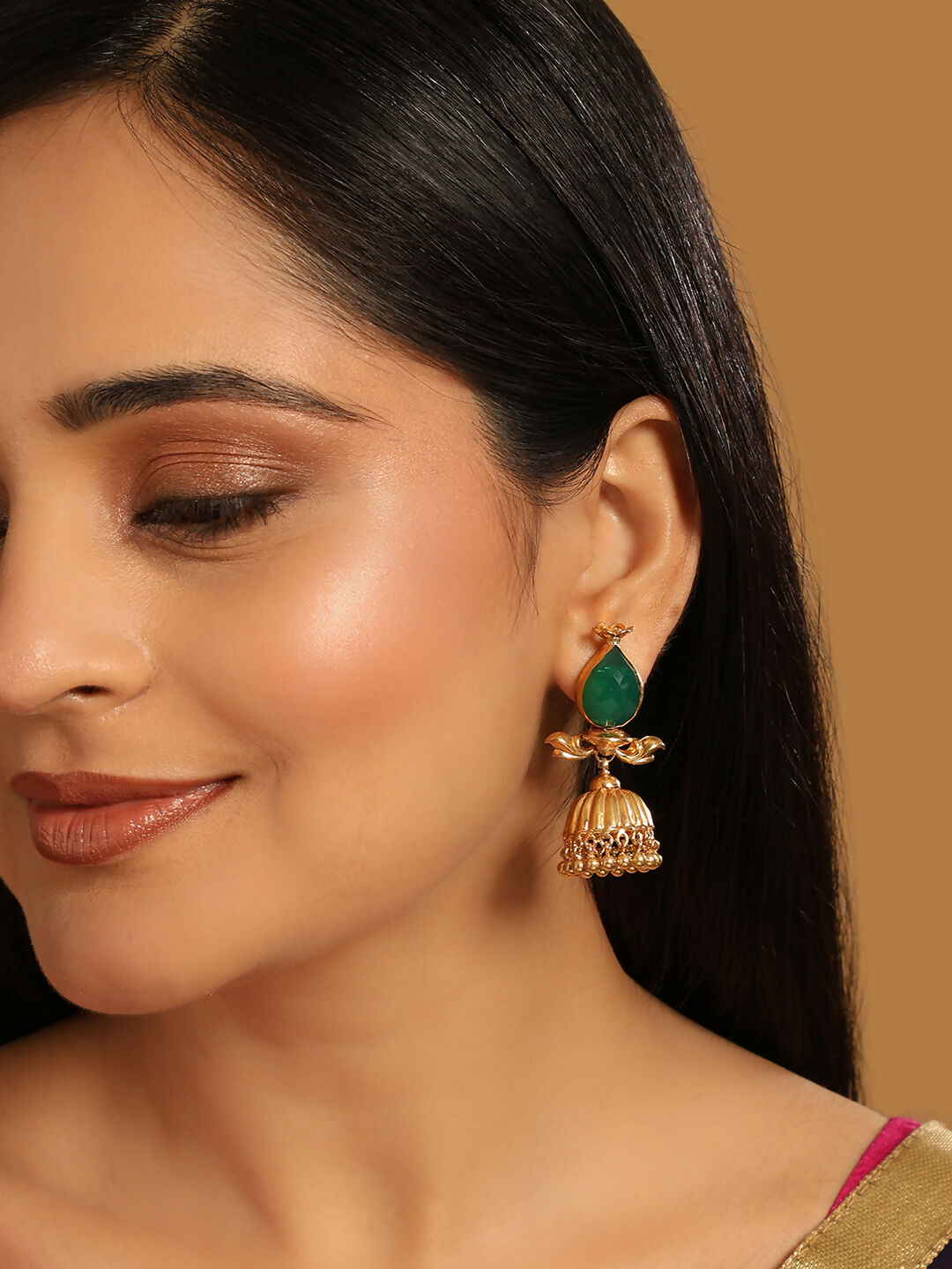 Nuyug 22K Gold Plated Emerald Stone Studded Ethnic Jhumkas - Distacart