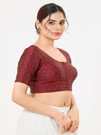Joban Fashion Dark-Maroon Taffeta Silk Elbow Sleeveless Front Open Blouse