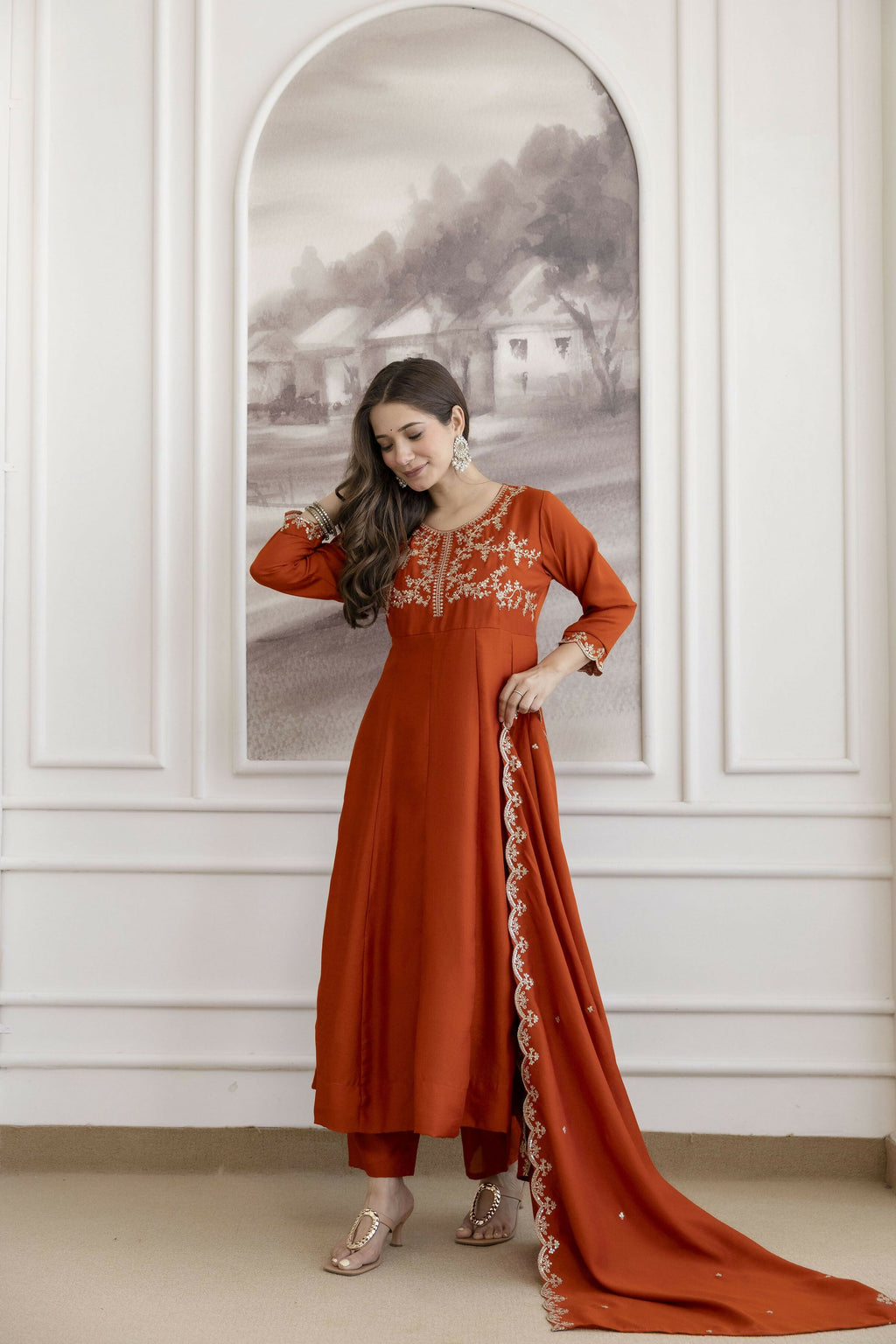 The52 Orange Women's Beautiful Vichitra Silk Fabric Embroidered Work Flared Anarkali Pant and Dupatta Set - Distacart