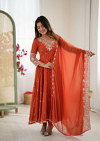Teeya Creation Orange Color Faux georgette Embroidery Work Wedding Wear Gown - Distacart