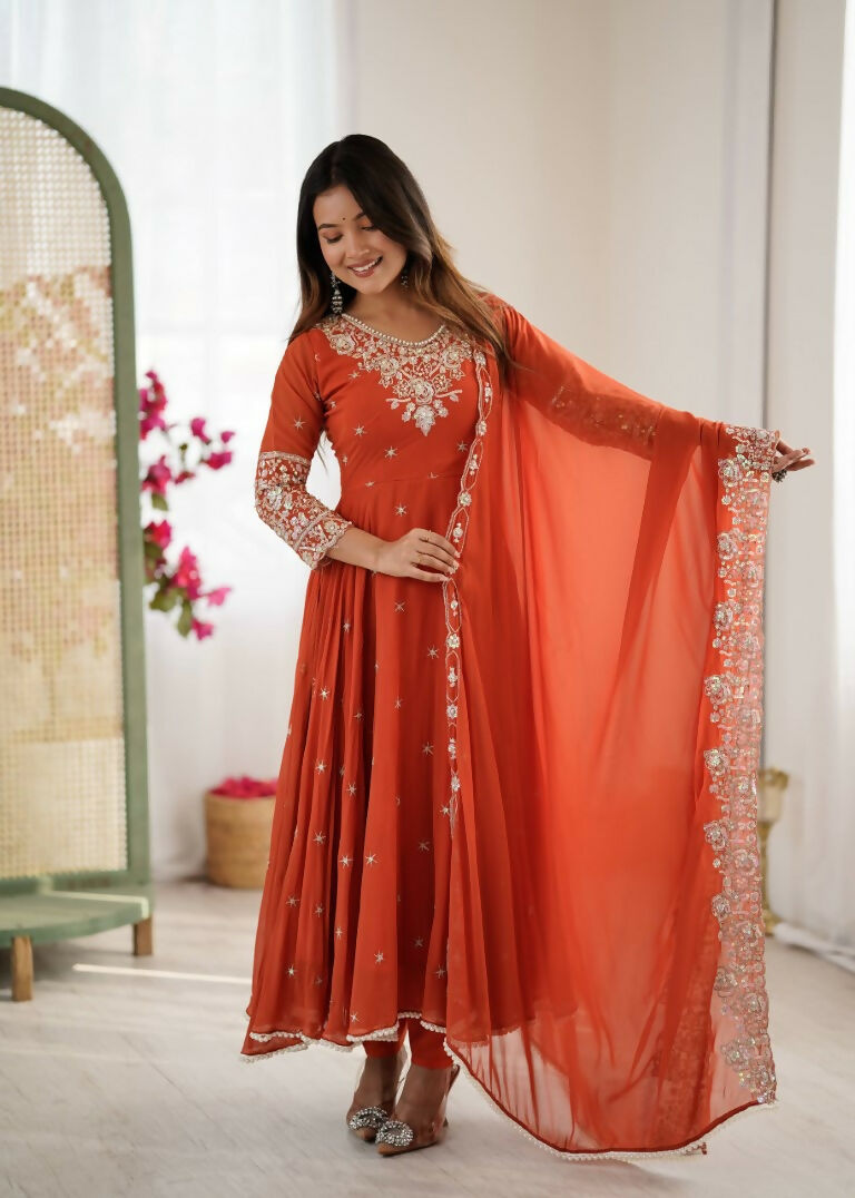 Teeya Creation Orange Color Faux georgette Embroidery Work Wedding Wear Gown - Distacart