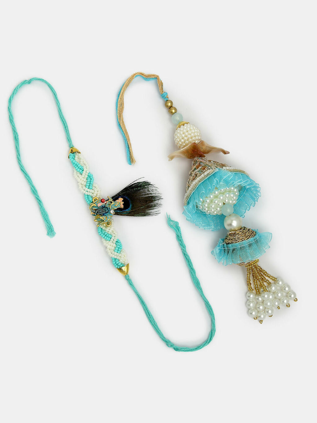 NVR Women & Men Set of 2 Blue Krishna Pearl Bhaiya Bhabhi Rakhi With Roli Chawal - Distacart