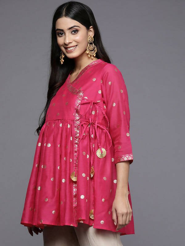 Ahalyaa Womens Pink Chanderi Printed Angrakha Style Tunic - Distacart