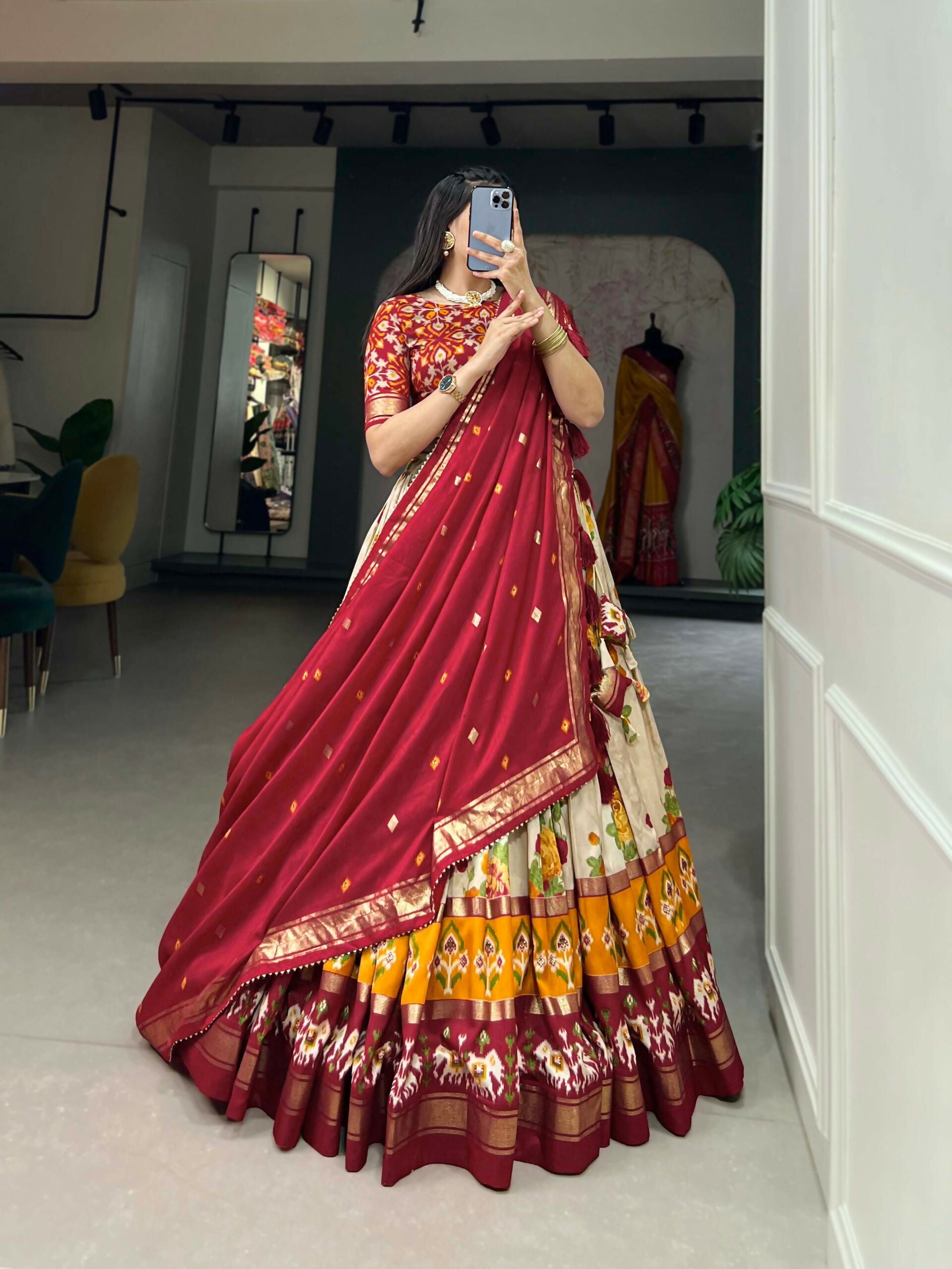 Vastranavya Floral And Patola Print With Foil Work Lehenga with Unstitched Blouse - Red