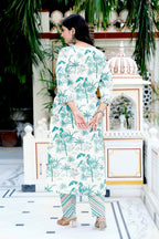 Miravan Women's Light Green Scenic Birds And Leaf Straight Pakistani Style Suit Set