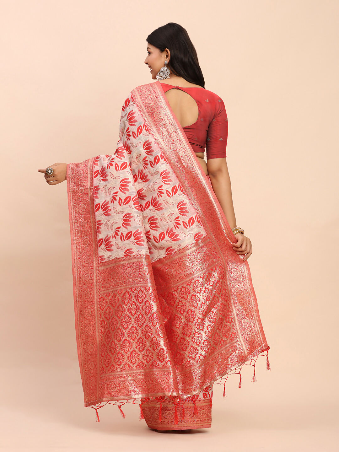 Shree Shyam Fashion Linen Cotton Red Saree - Distacart