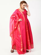 Cheera Women's Deep Pink Cotton & Silk Hand Block Print Long Dress With Silk Dupatta Set