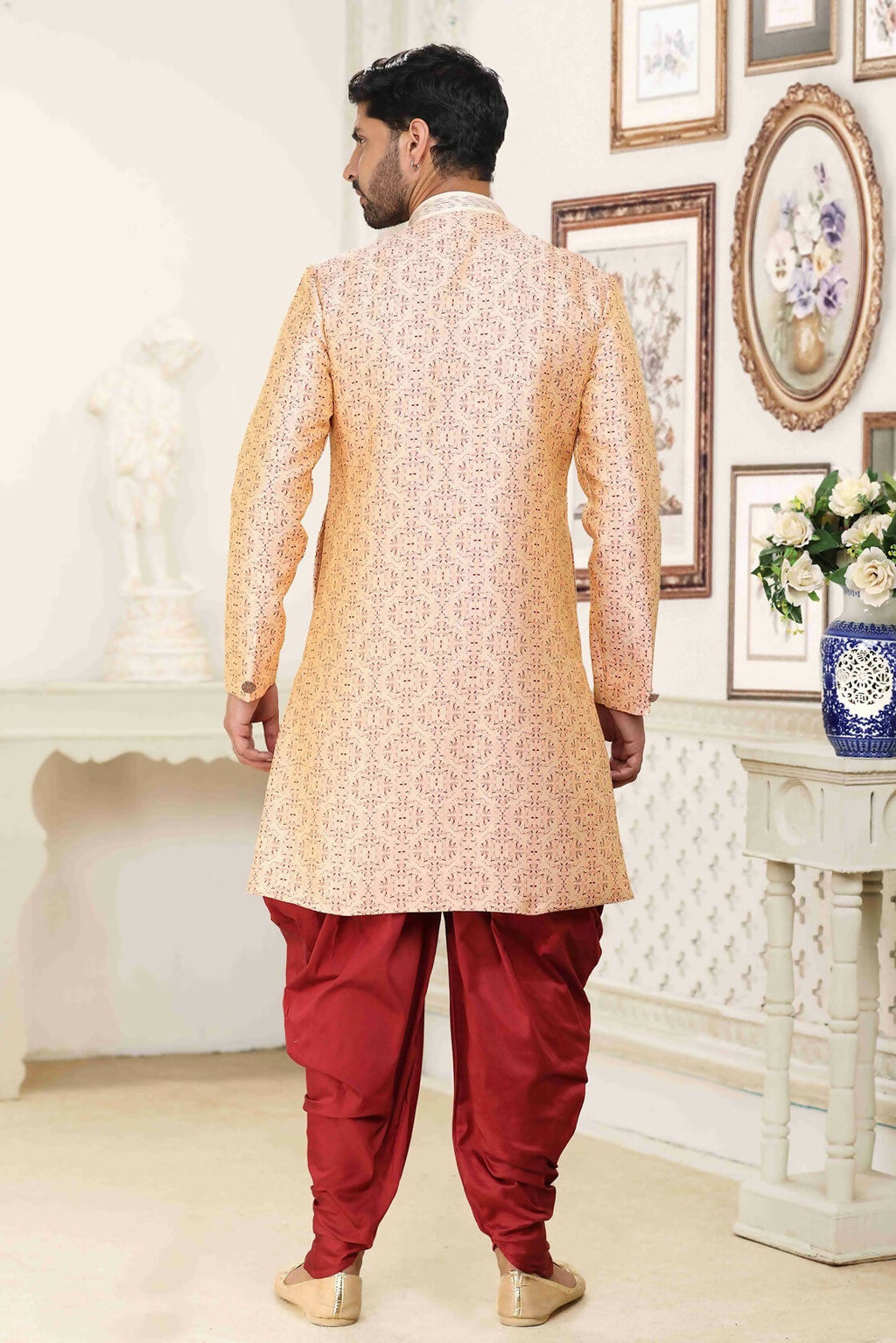 Raivat Ethnic Banarasi Jacquard Embroidery Semi Indo Western Sherwani In Cream Maroon Colour