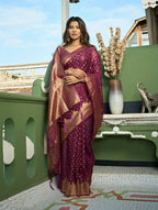 Charming Designer Deep Wine Color Organza Silk Saree With Weaving Work - Yomika Fashions