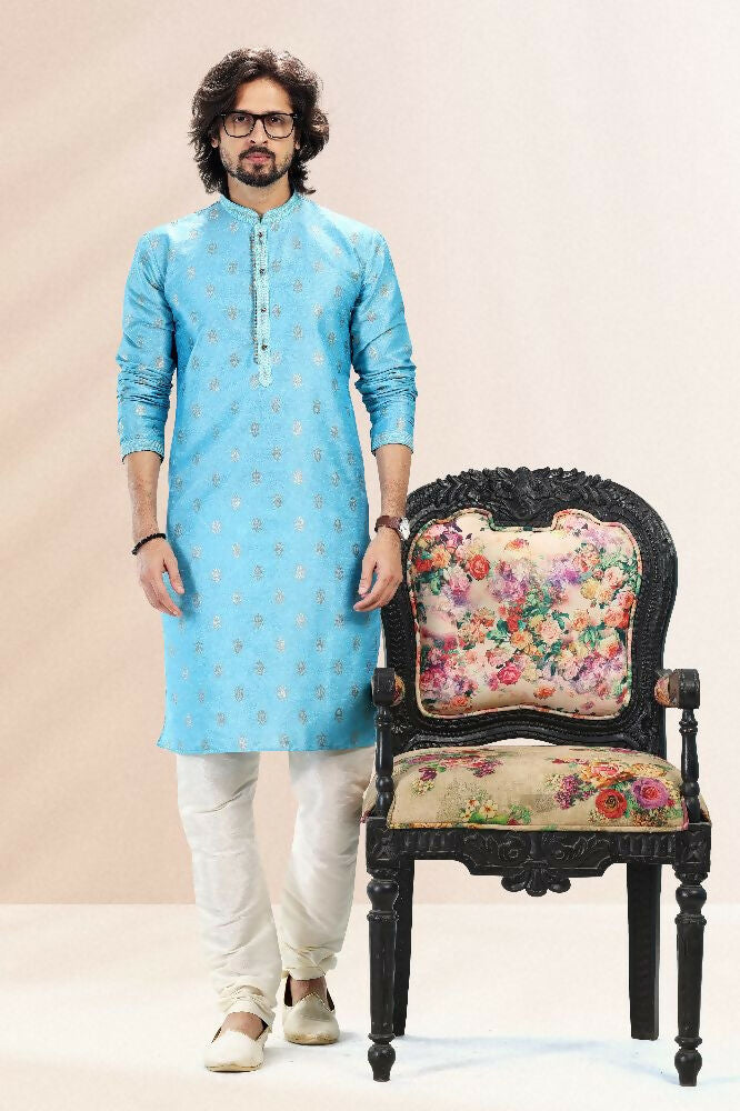 Raivat Ethnic Jacquard Banarasi Silk Pintux Work Kurta Pajama In Blue Colour
