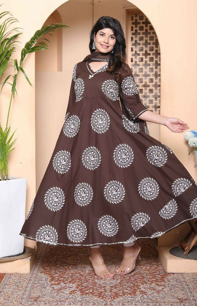 Miravan Womens Brown Animal Printed Anarkali Kurta With Dupatta Set - Distacart