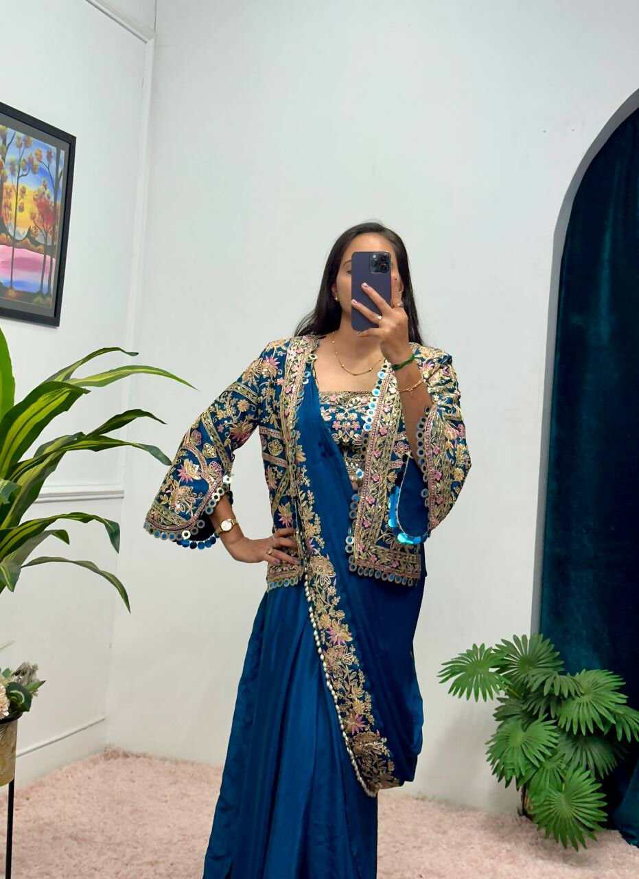 Teeya Creation Teal Color Chinon Silk Embroidery Work Ready To Wear Party Wear Saree With Koti - Distacart