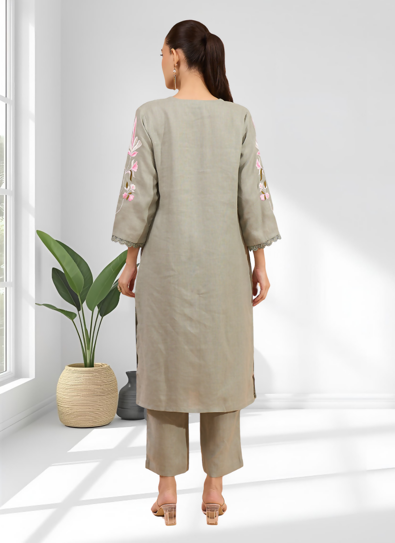 Joban Fashion Pista Green Linen Embroidered Readymade Long Kurta With Pant - Distacart