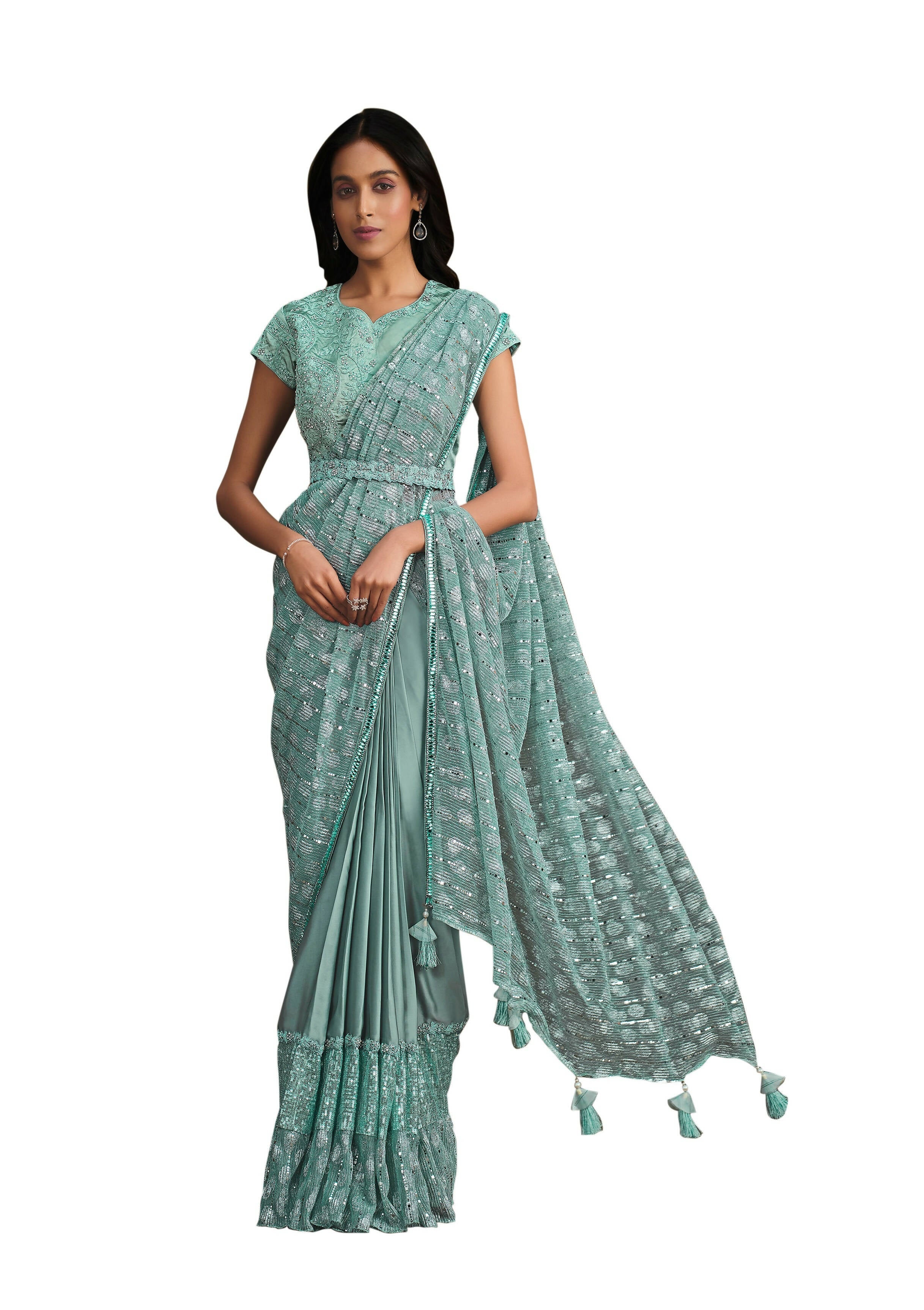 Light Blue Crepe Silk Sequence Embroidered With Texture Saree With Stitched Blouse - Mohmanthan La Belle