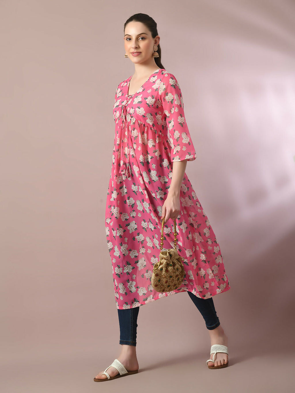 Myshka Women's Pink Printed Georgette A-Line Nyra-cut Kurta