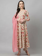 FIORRA Women's Beige Pure Cotton Flared Kurta Pant With Dupatta