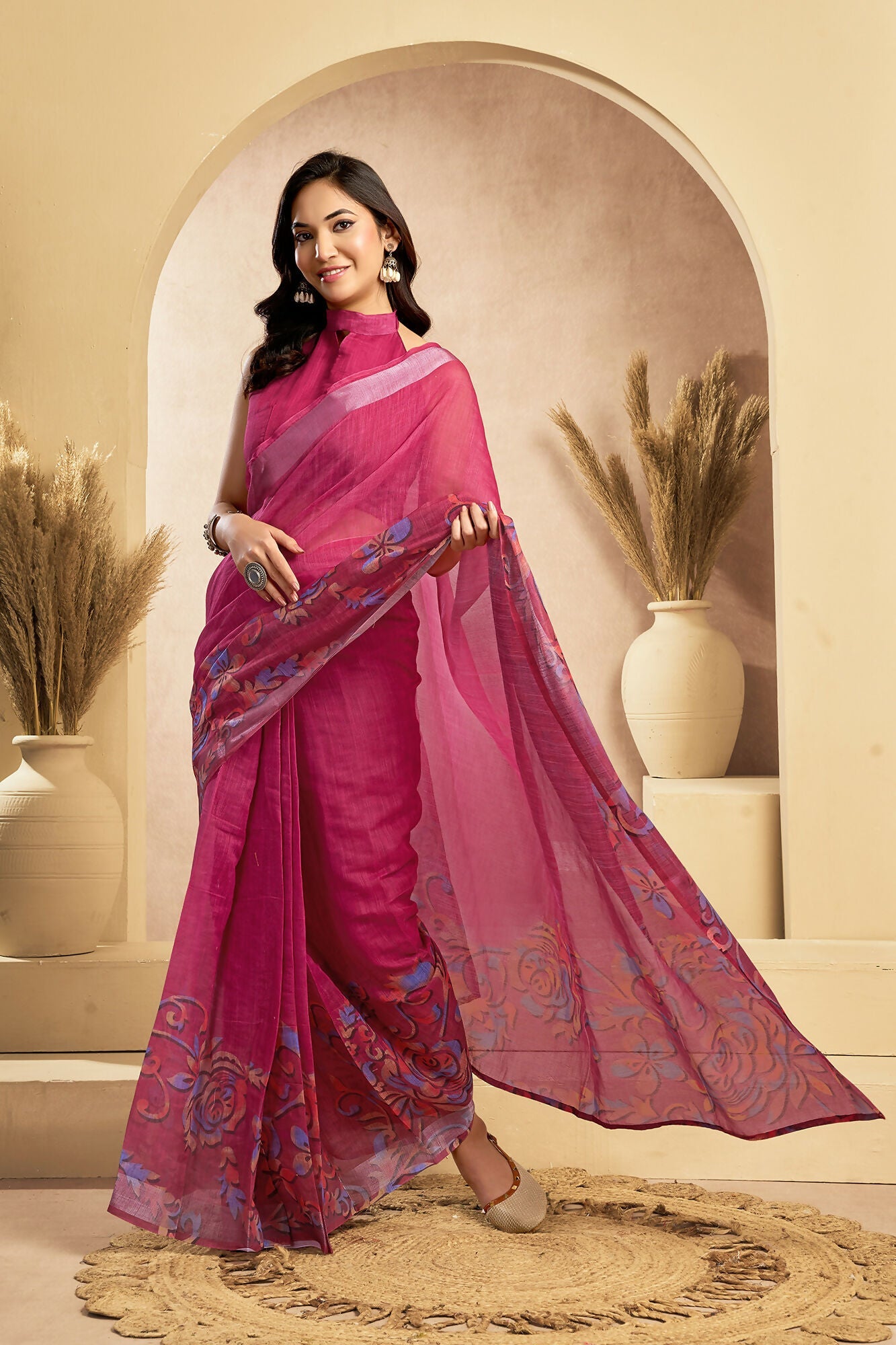 Vastranavya Pink Digital Printed Linen Ready To Wear Designer Saree with Unstitched Blouse - Distacart
