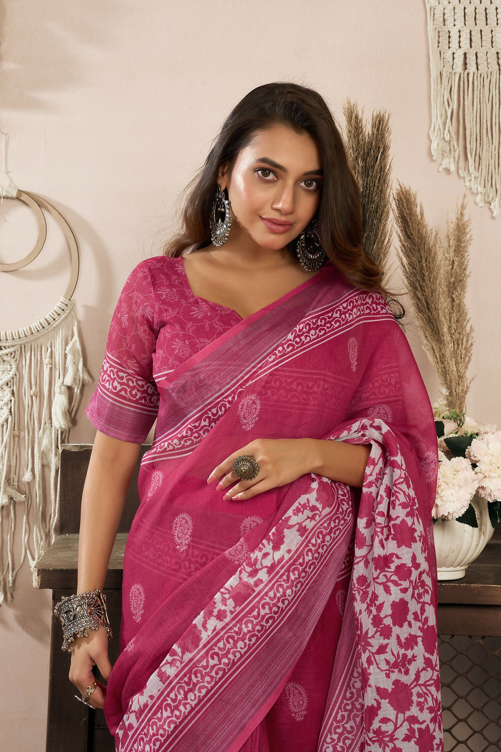 Joban Fashion Pink Floral Linen Ready To Wear Saree With Unstitched Blouse - Distacart