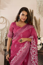 Joban Fashion Pink Floral Linen Ready To Wear Saree With Unstitched Blouse - Distacart