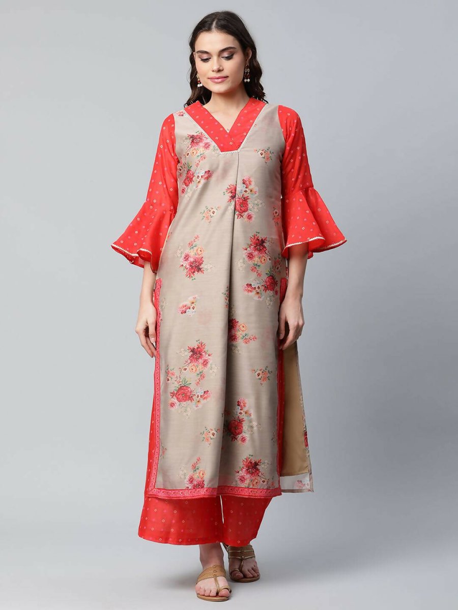 Ahalyaa Womens Chiku Chanderi Printed Kurta Palazzo Set - Distacart