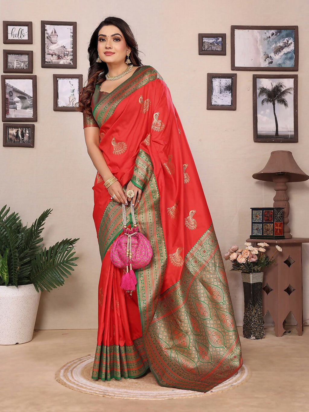 Joban Fashion Banarasi Red Small Butti Soft Silk Saree - Distacart