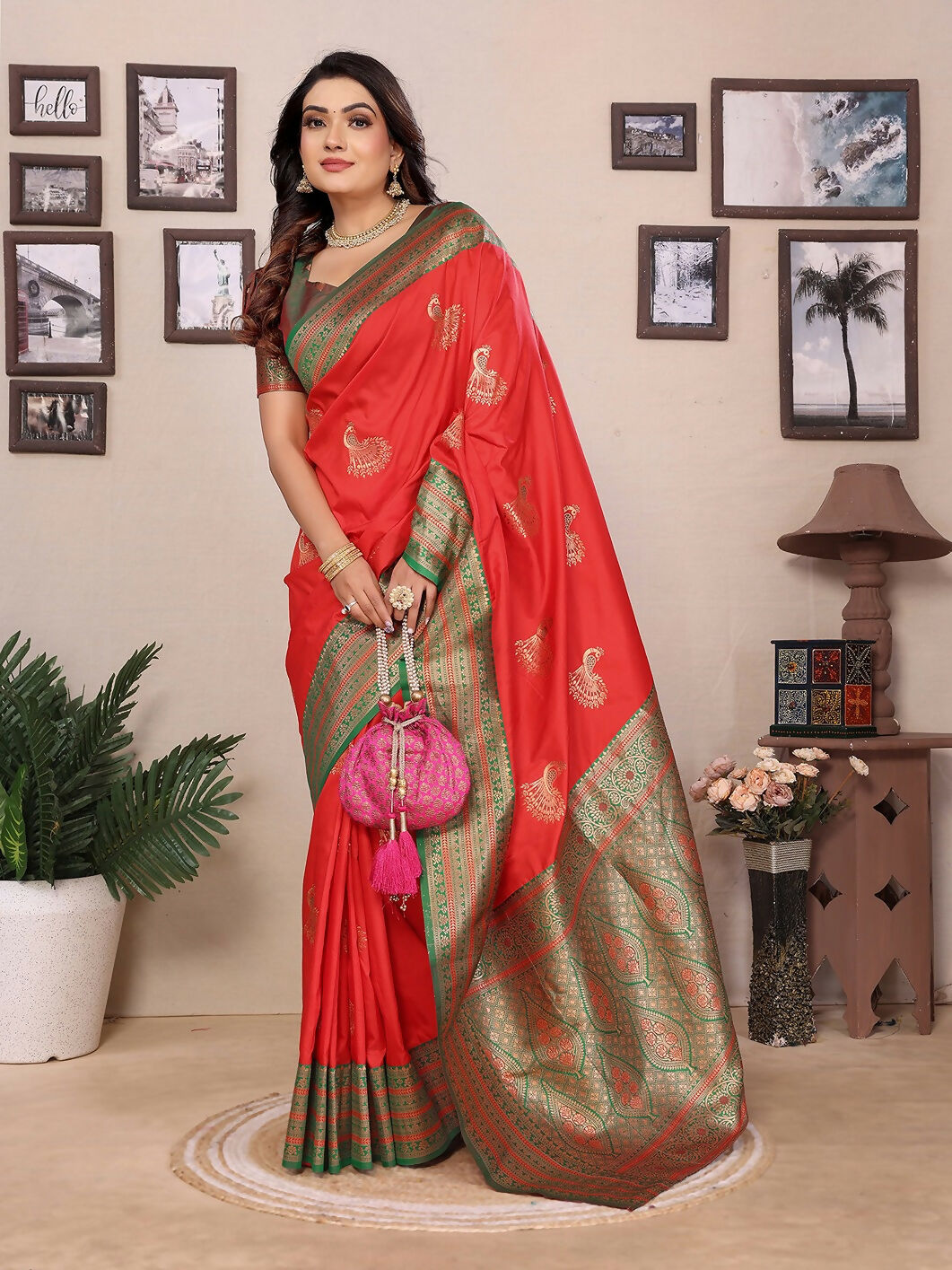 Joban Fashion Banarasi Red Small Butti Soft Silk Saree - Distacart