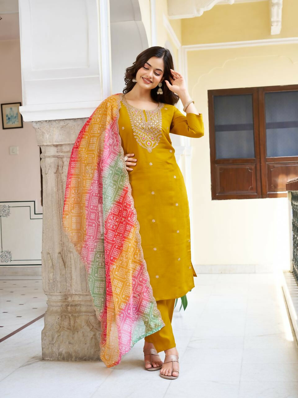 The52 Women's Beautiful Viscose Chanderi Fabric Embroidery Work Straight Kurta Pant and Dupatta Set - Distacart
