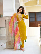 The52 Women's Beautiful Viscose Chanderi Fabric Embroidery Work Straight Kurta Pant and Dupatta Set - Distacart