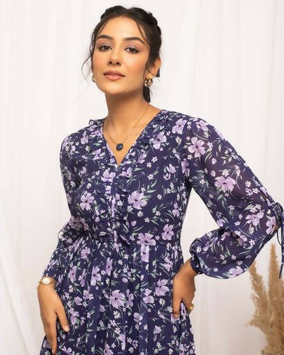 FIORRA Women's Blue Georgette Floral Printed Western Dress - Distacart