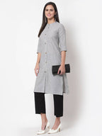 Myshka Women's Grey Cotton Stripe Pattern 3/4 Sleeve Round Neck Grey Kurti