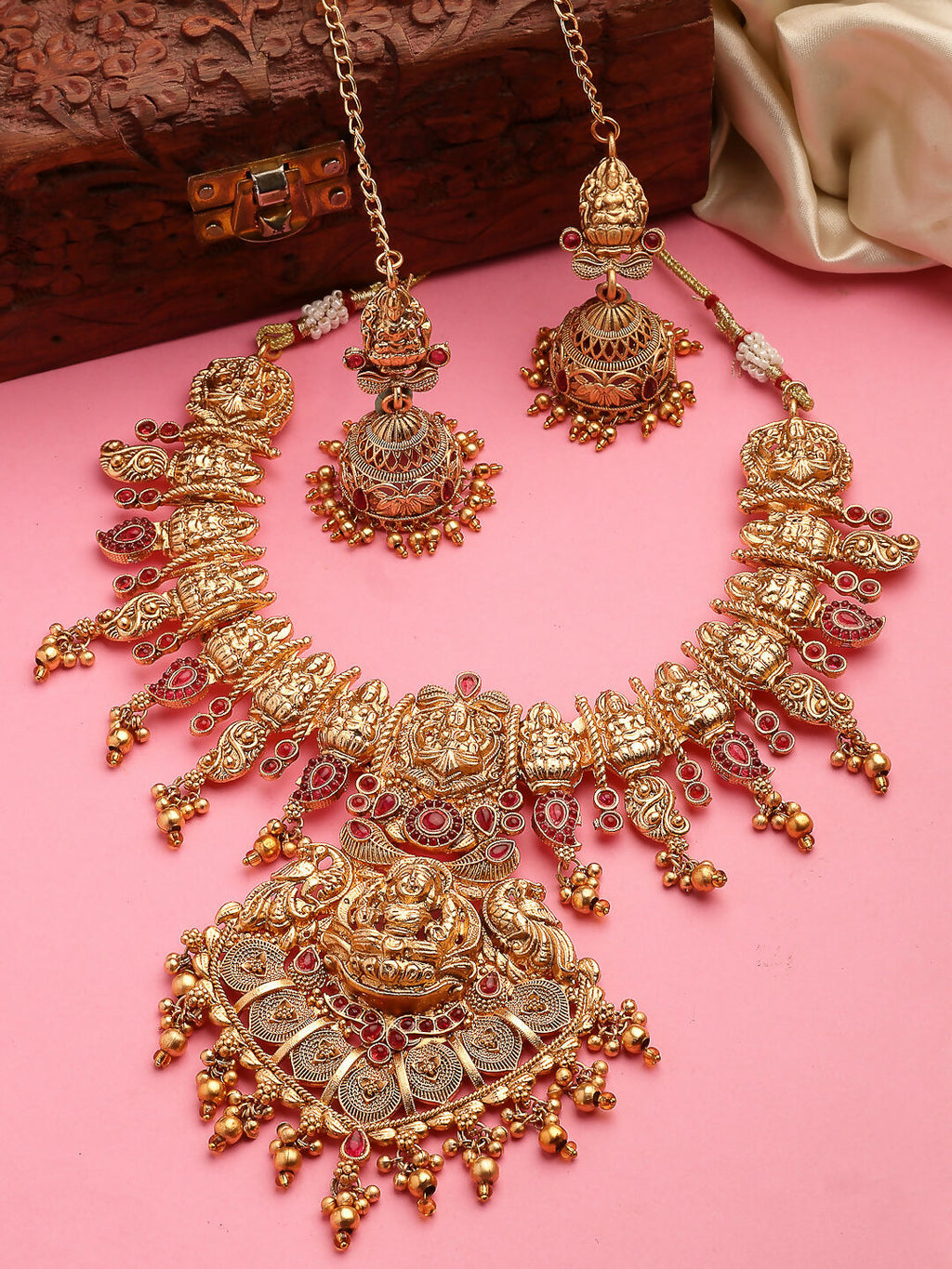 NVR Women's Gold-Polished Pink Stone Studded Lakshmi Temple Jewellery Set