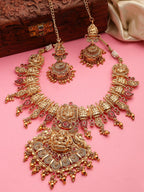 NVR Women's Gold-Polished Pink Stone Studded Lakshmi Temple Jewellery Set