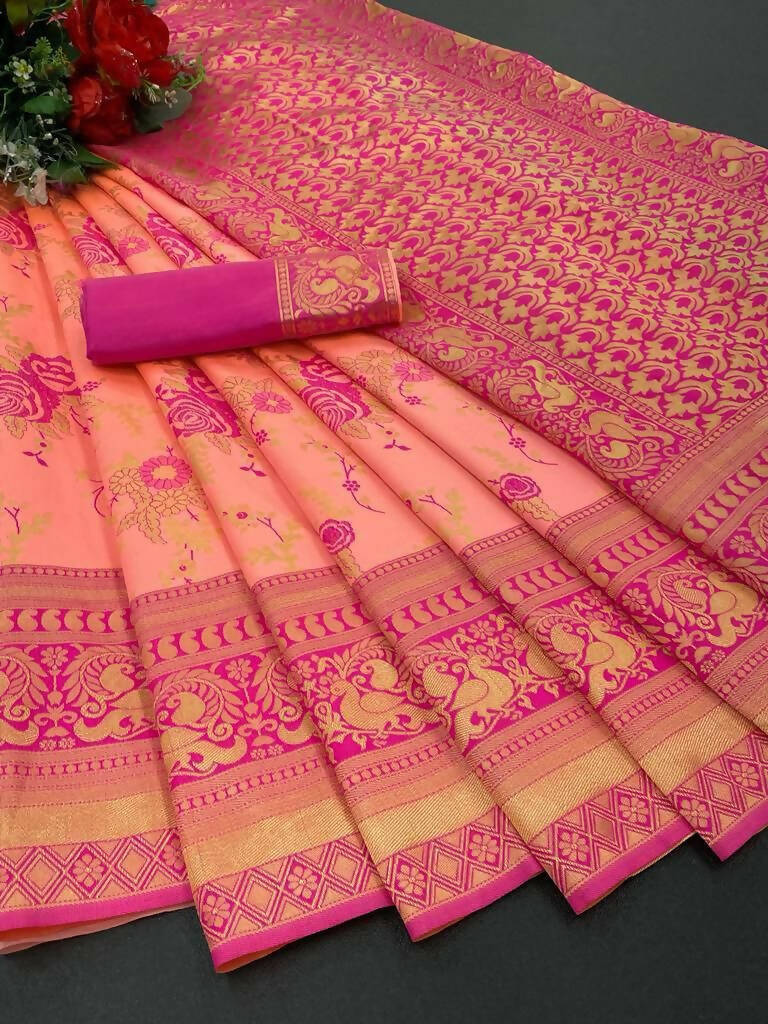 DEIANA'S Beautiful Designer Golden zari Soft Lichi Silk Saree - Peach