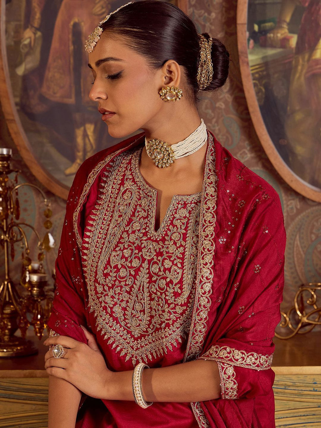 Indo Era Ethnic Floral Embroidered Zari Work Detail Regular Sleeves Round Neck Kurta Set - Distacart