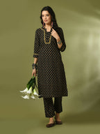Myshka Women's Black Printed Cotton Straight Party Kurta Set