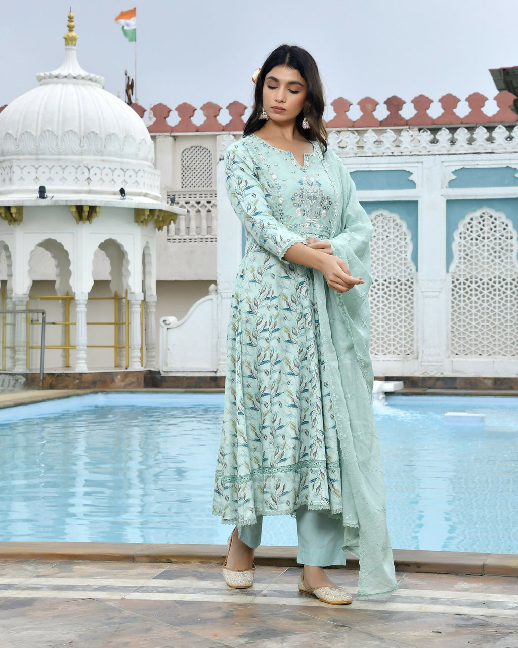 Vaasva Women's Sky Blue Cotton Anarkali Set With Solid Pant And Embroidered Dupatta